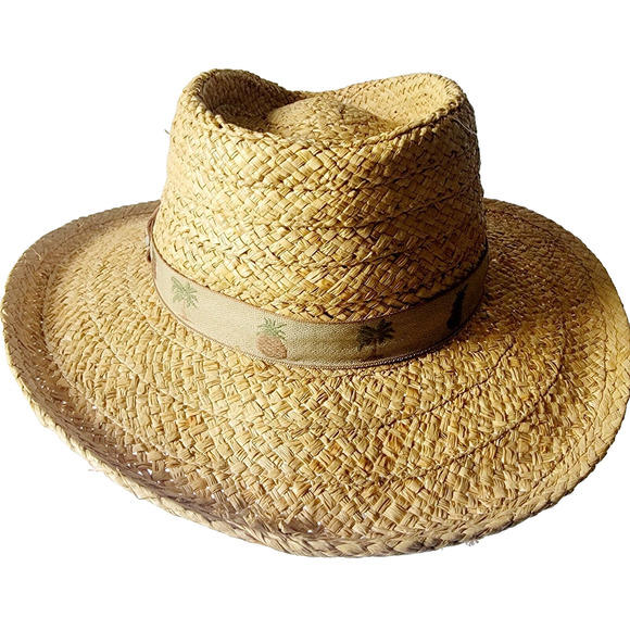 Scala Raffia Straw Hat Palm Tree Pineapple Band S/M 21.5” Summer Boho Coastal - Picture 2 of 10